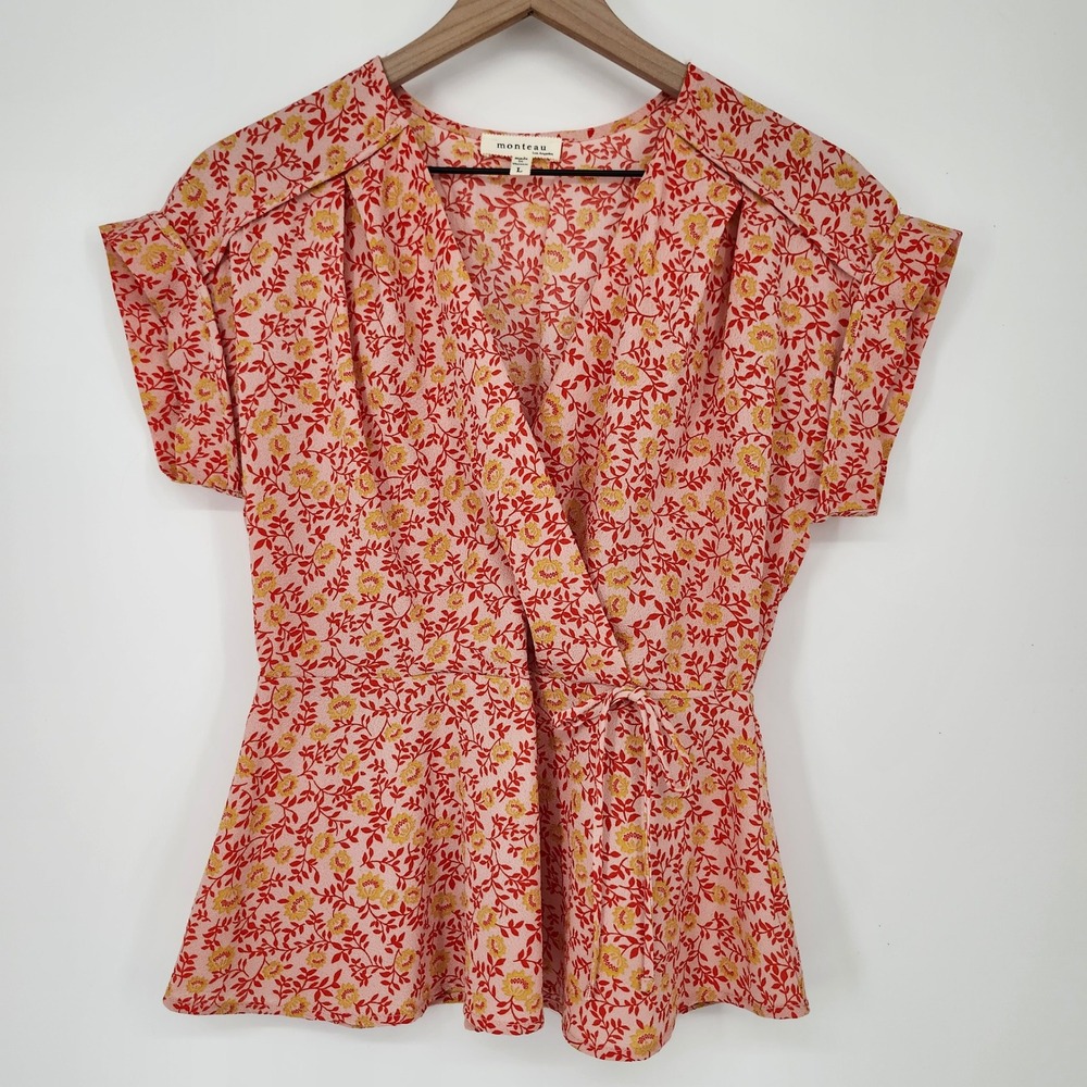 Pink Red Yellow‎ Floral Faux Wrap Top Large Boho Contemporary Colorful Cottage - Picture 2 of 7